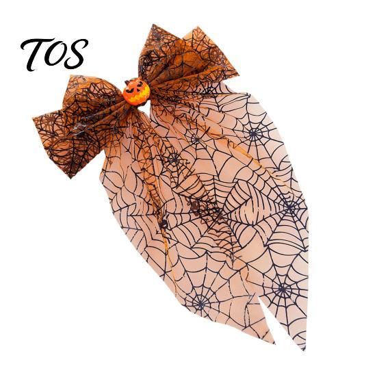 Spring Clip Hair Accessory Halloween Spider Web Bow Clip, Pumpkin Eyeball Tulle with Long Tails, Women Accessories for Holiday Party