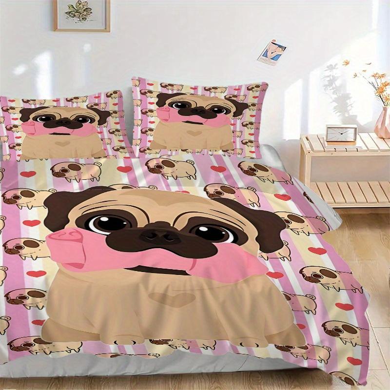 3 шт. Мопс, Комплект постельного белья с сердцем, Дышащий и мягкий, Подходит для всех сезонов, Идеально для домашнего использования, Подходит для декора спальни 21172