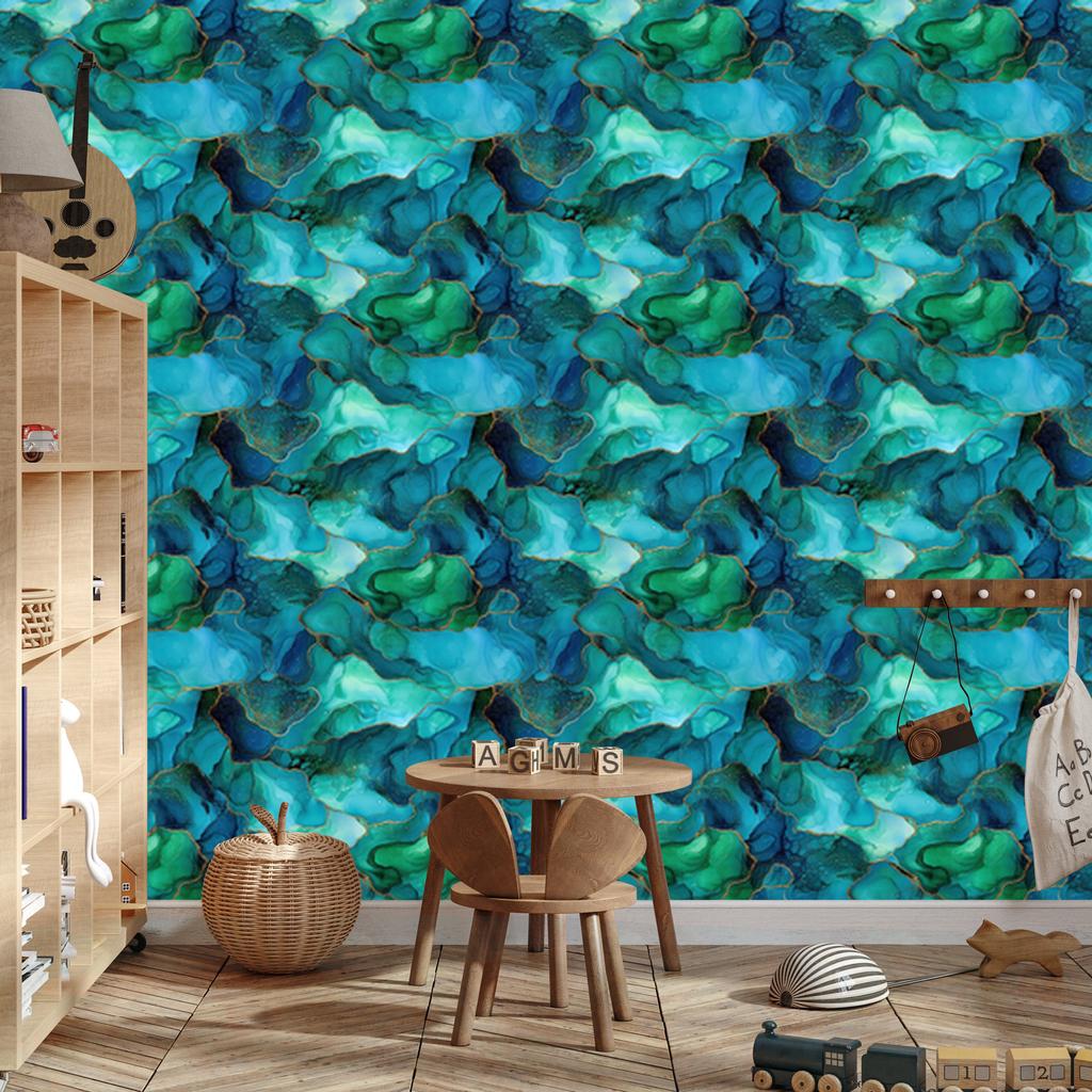 Wallpaper Ink turquoise, sea blue, navy blue and blue 50x1000