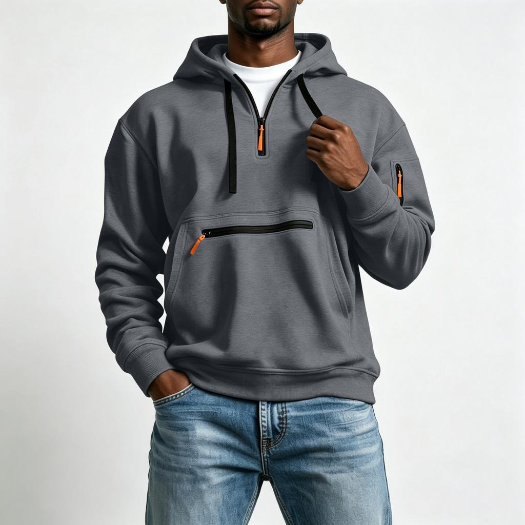 Men's Half Zip Hoodie with Decorative Pockets for Outdoor Sports and Casual Wear