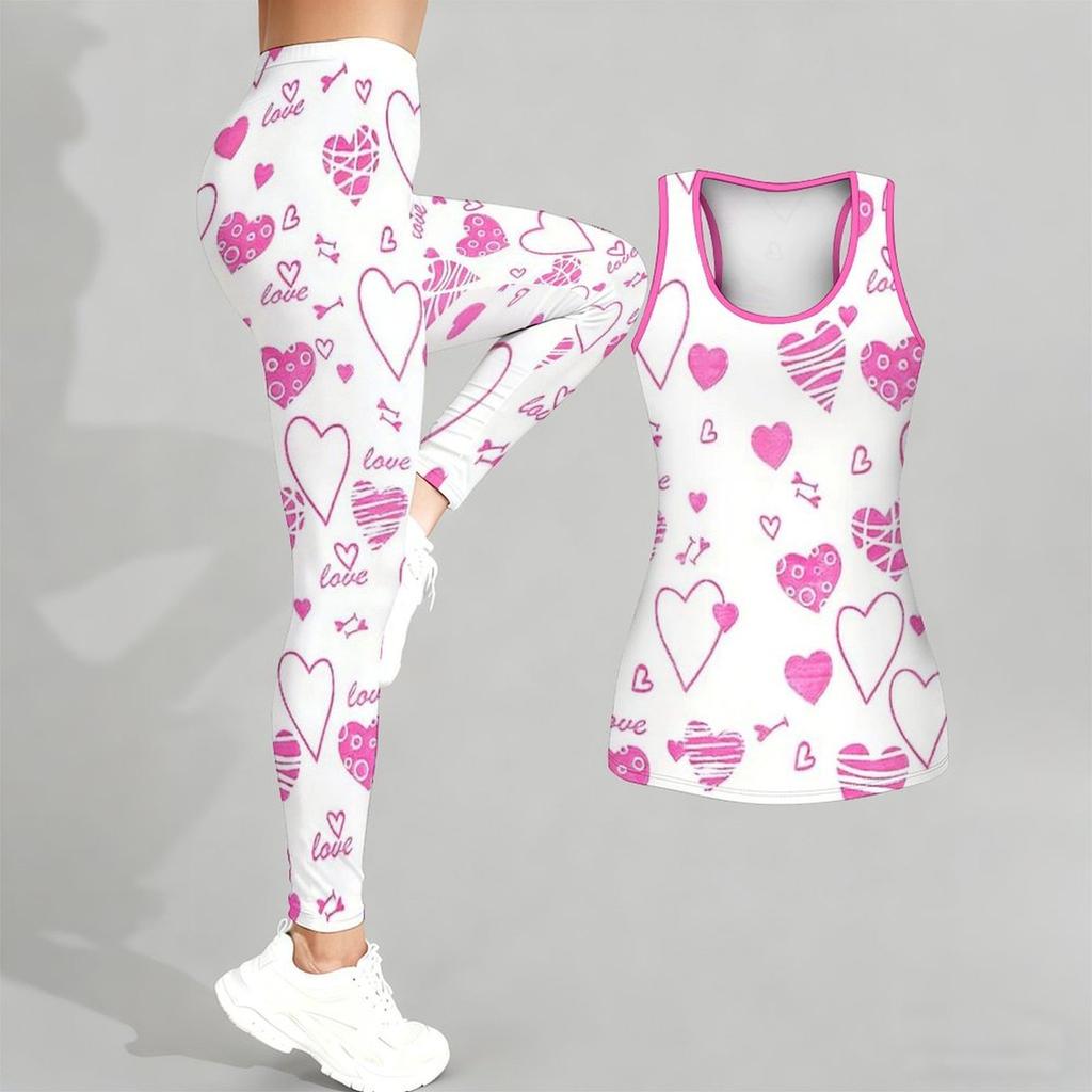 Комплект для йоги с принтом в виде сердечек для женщин, модные леггинсы для тренировок, фитнес, спорт, повседневный набор для йоги, спортивный костюм, эксклюзив ко Дню святого Валентина