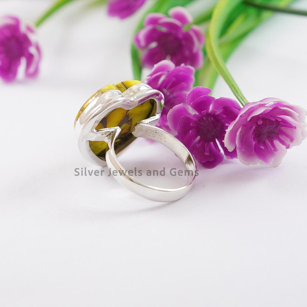 Honey Dahlia Turquoise Ring, Heart Ring, 925 Sterling Silver Handmade Ring, Gift For Wife, Yellow Gemstone