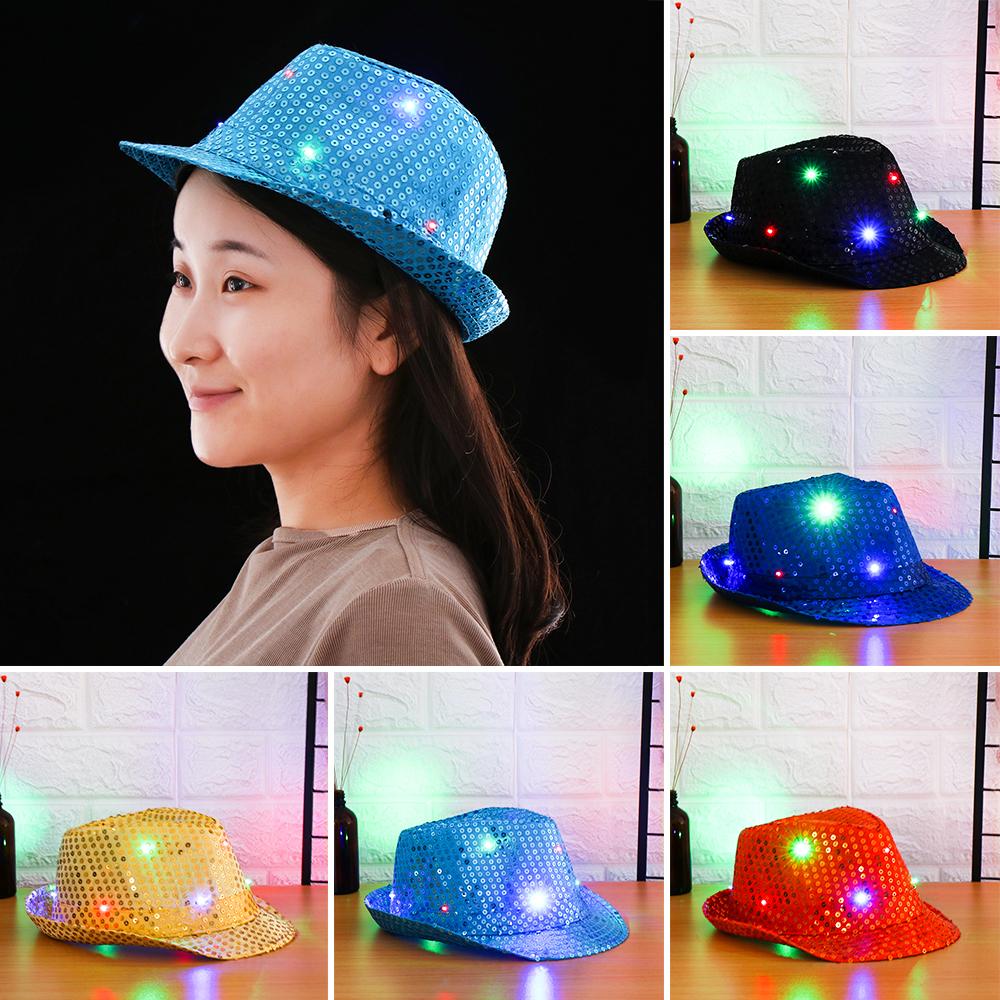 New Fashion Light Up Flashing Panama Cap Jazz Hat Sequin Led Fedora Trilby