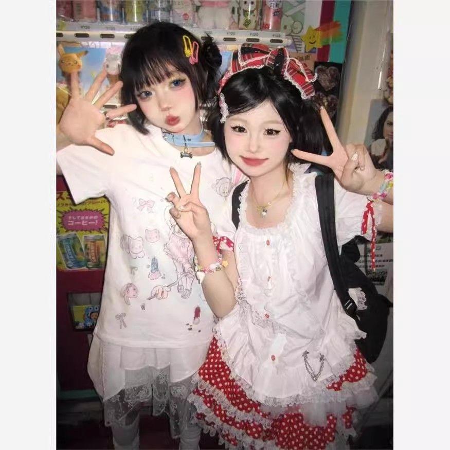 Kawaii Sweet Streetwear Футболки женские японские модные Y2k Графический принт ангела O-образный вырез Свободные футболки Топы Мягкие летние для девочек