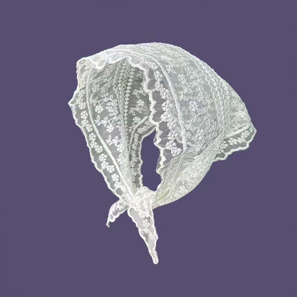 Embroidered Lace Triangle Headscarf White Hollow-out Hair Scarf Wraps Pastoral Style Woven Floral Hair Band Hair Accessories