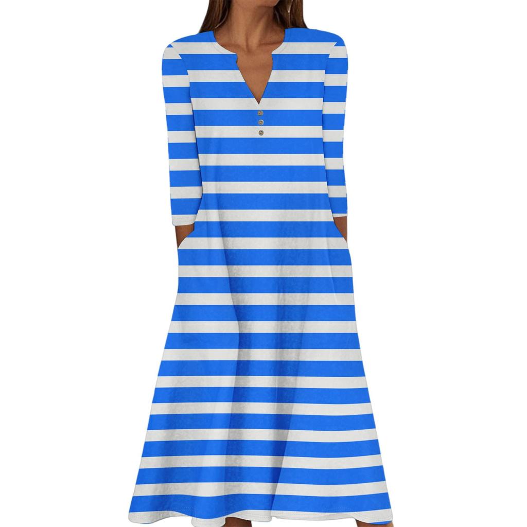 Женское летнее повседневное платье с V-образным вырезом на пуговицах, винтажным цветочным принтом, рукавом три четверти, длинное, с карманами