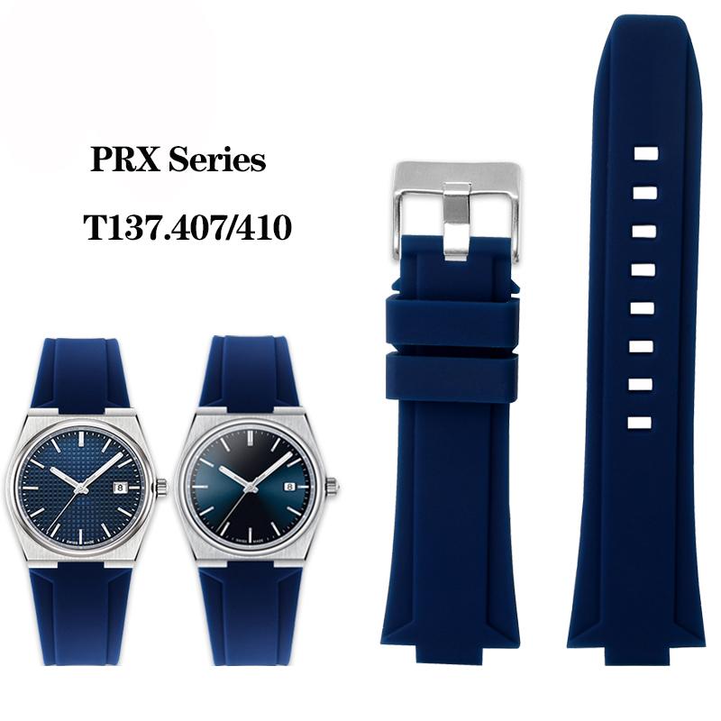 Резиновый ремешок для часов для серии Tissot PRX Super Player T137.410 Ремешок Спортивный Водонепроницаемый Силиконовый Мягкий Браслет Черный Синий 24x12мм