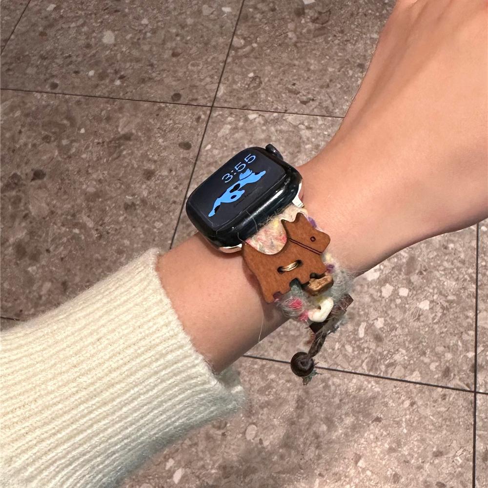 Милый плюшевый деревянный ремешок для Apple Watch Series 9, 8, 7, 6, 5, 4, 3 2se, ремешок для часов IWatch Ultra 2, 49 мм, 45, 41 мм, 40, 44 мм, браслет