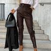 Women Pants Smooth Faux Leather Zipper Decor Slim Fit High Waist Zipper Button Closure Multi Pockets Solid Color Pencil Pants Long Trousers