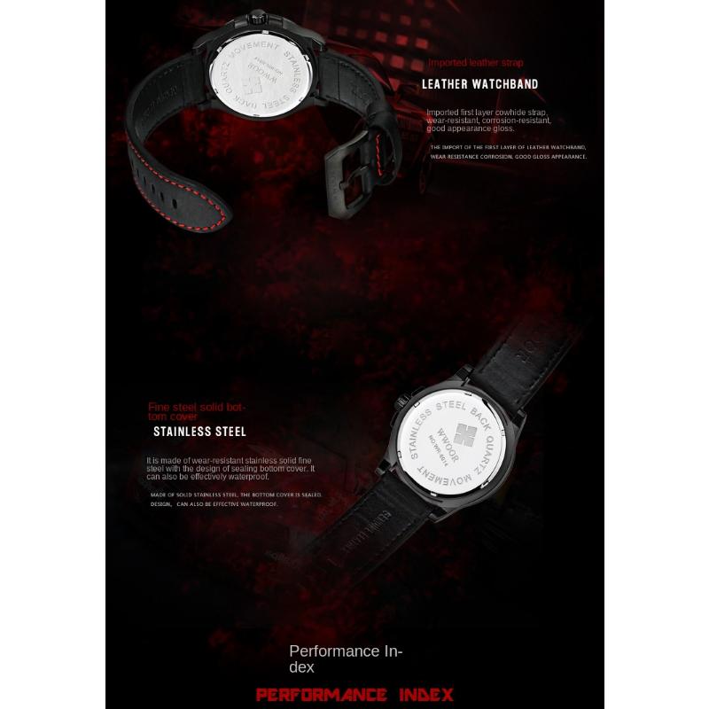 WWOOR Спортивные мужские часы с кожаным ремешком Матовый черный корпус с календарем Водонепроницаемые кварцевые часы