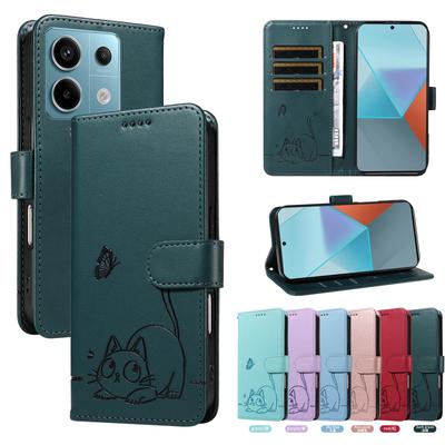 Магнитный кожаный чехол-кошелек-раскладушка для Xiaomi POCO C65 C75 F3 F5 F6 M3 M4 M5S M6 X4 GT X5 X6 X7 Pro 4G 5G | Тисненый дизайн с изображением кота
