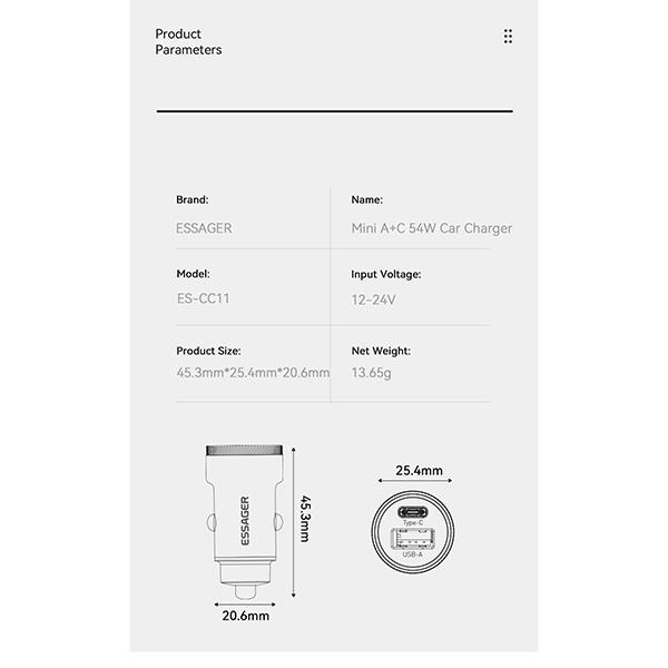 Essager Автомобильное зарядное устройство USB 54 Вт, быстрая зарядка 5 А, 3,0 QC PD 3,0 SCP AFC, 30 Вт, USB Type C, быстрая зарядка для iPhone, Huawei, Samsung, Xiaomi