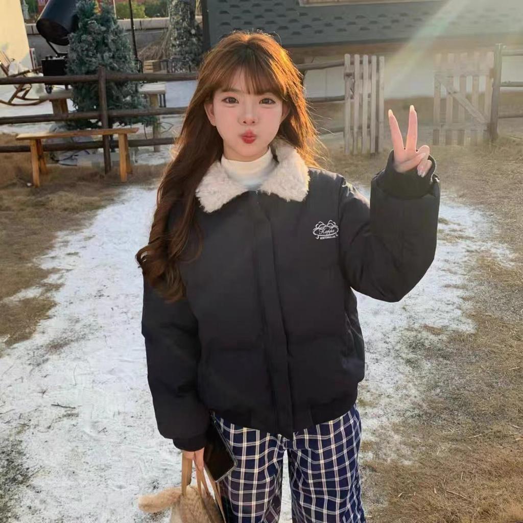 New American retro lamb wool lapel cotton clothes women's new winter feeling warm student short cotton clothes tide