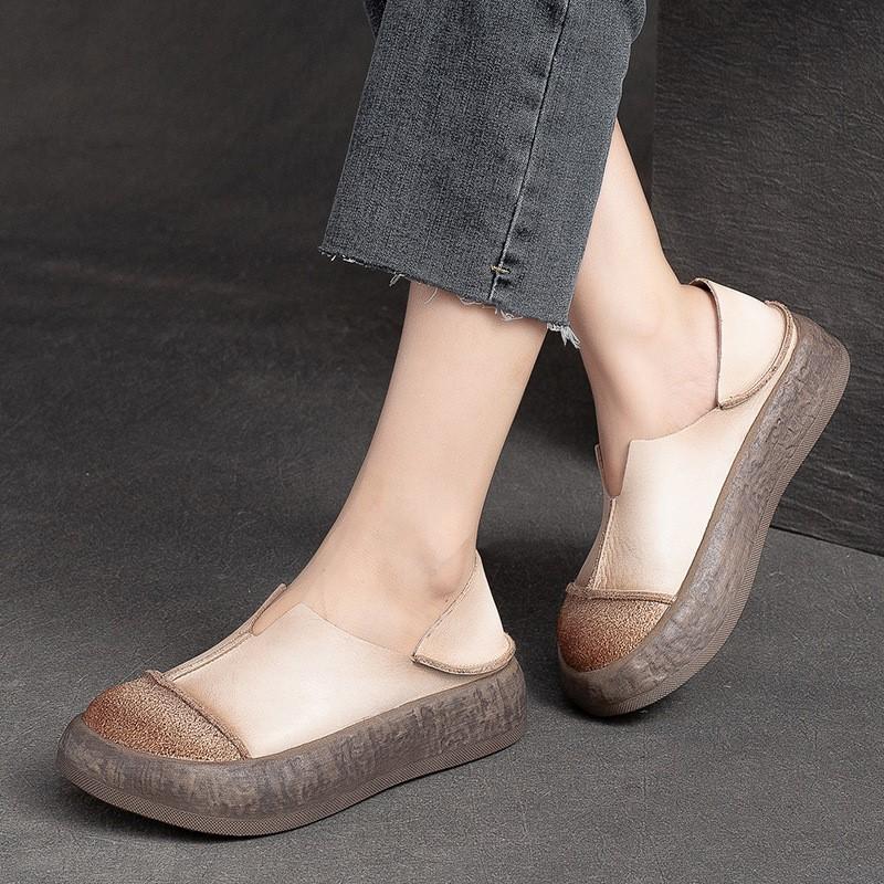 Johnature Туфли на платформе на плоской подошве из натуральной кожи. Мокасины в стиле ретро. Повседневные туфли без шнуровки с круглым носком на мягкой подошве.