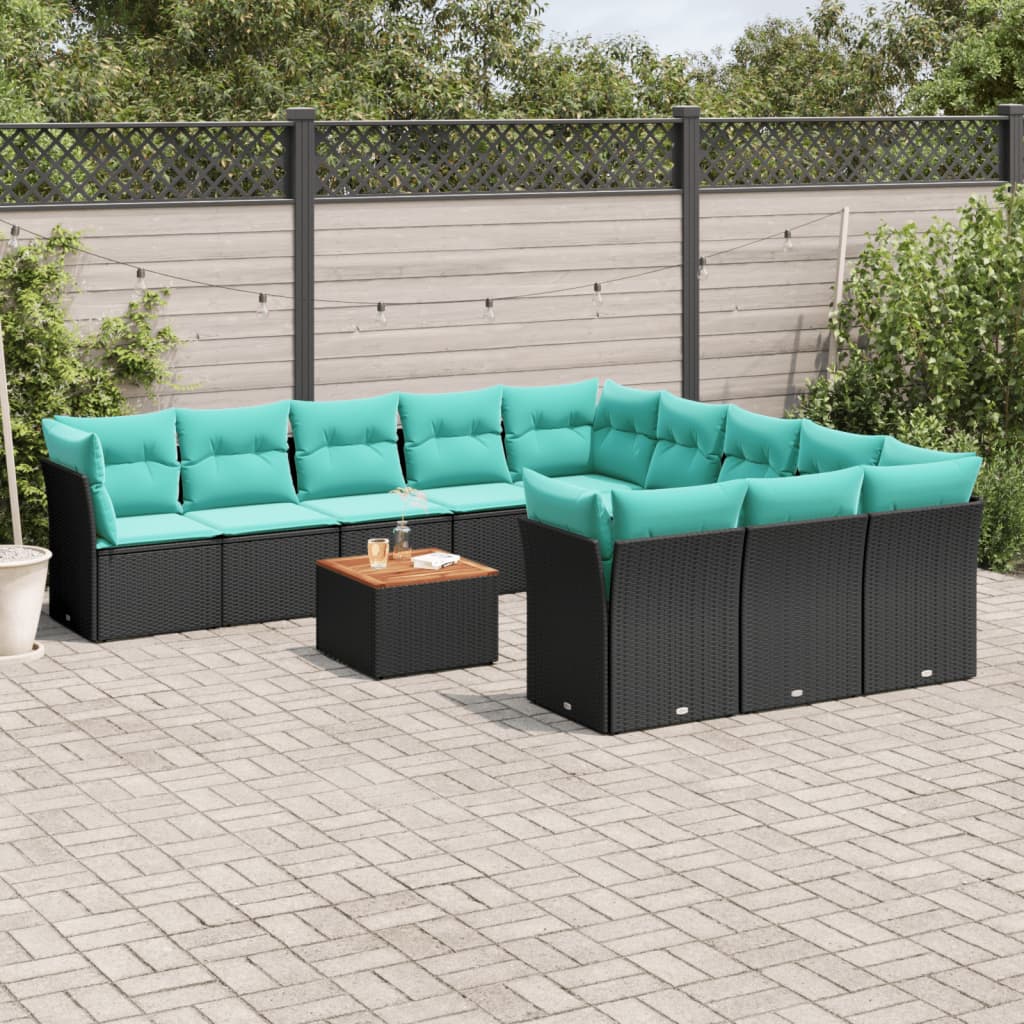 12 Piece Garden Sofa Set with Cushions Black Poly Rattan
