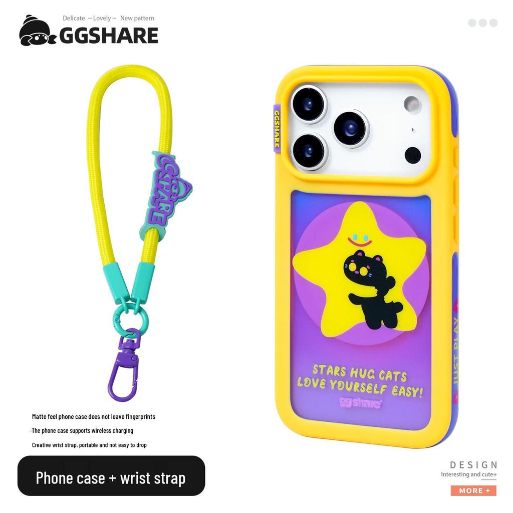 Hermit Crab Star Language Cat iPhone 17 Case, 16 Pro Max Compatible, with Magnetic Stand & Wrist Strap