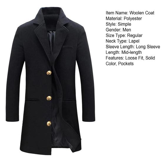 Мужское шерстяное пальто с лацканами, длинный рукав, однобортная куртка, пальто с карманами, однотонный цвет