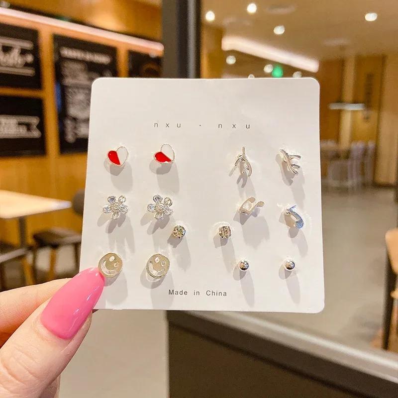 A Suit of Summertime Dazzle Colour Small Stone Sweet Earrings SetS for Women Crystal Clear Butterfly Love Heart Set Paty Jewerly