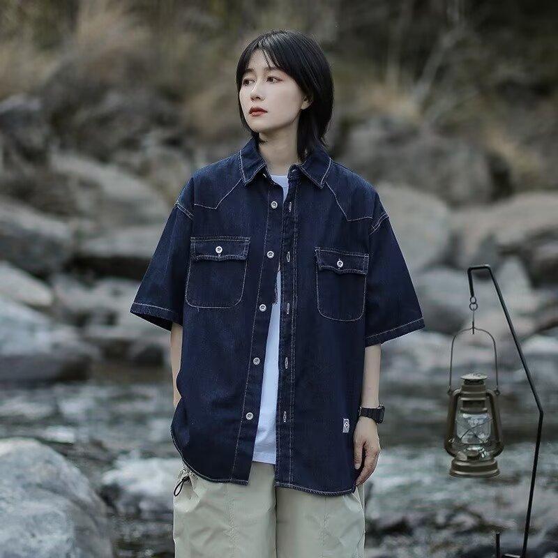 Японский ретро модный бренд летняя свободная джинсовая рубашка с короткими рукавами художественная молодежная рабочая рубашка мужская и женская многослойная куртка