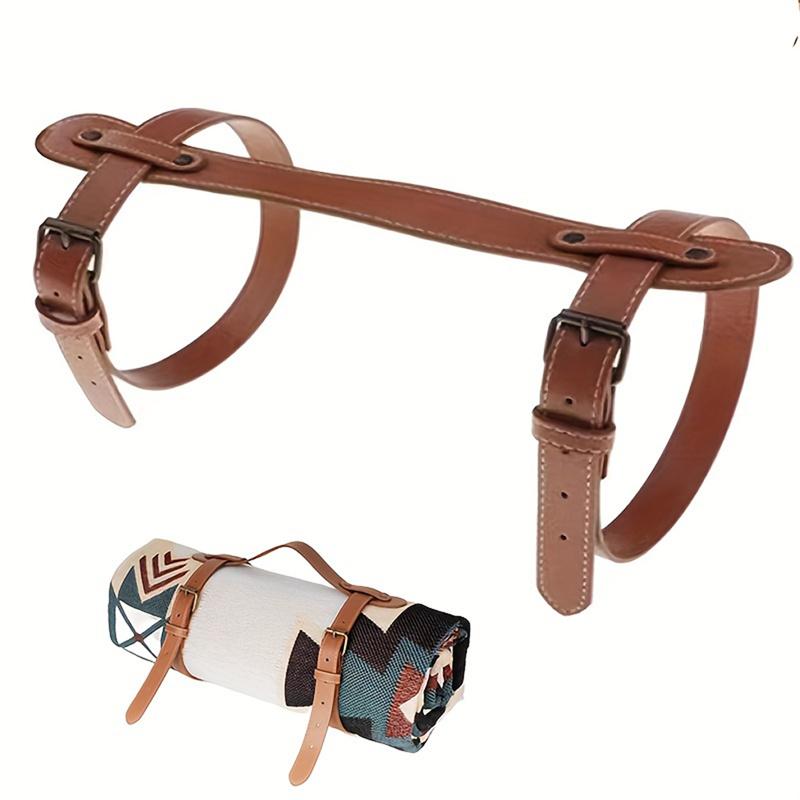 Leather Picnic Blanket Strap Brown Color for Outdoors Leather Metal Picnic Mat Strap Blanket Strap