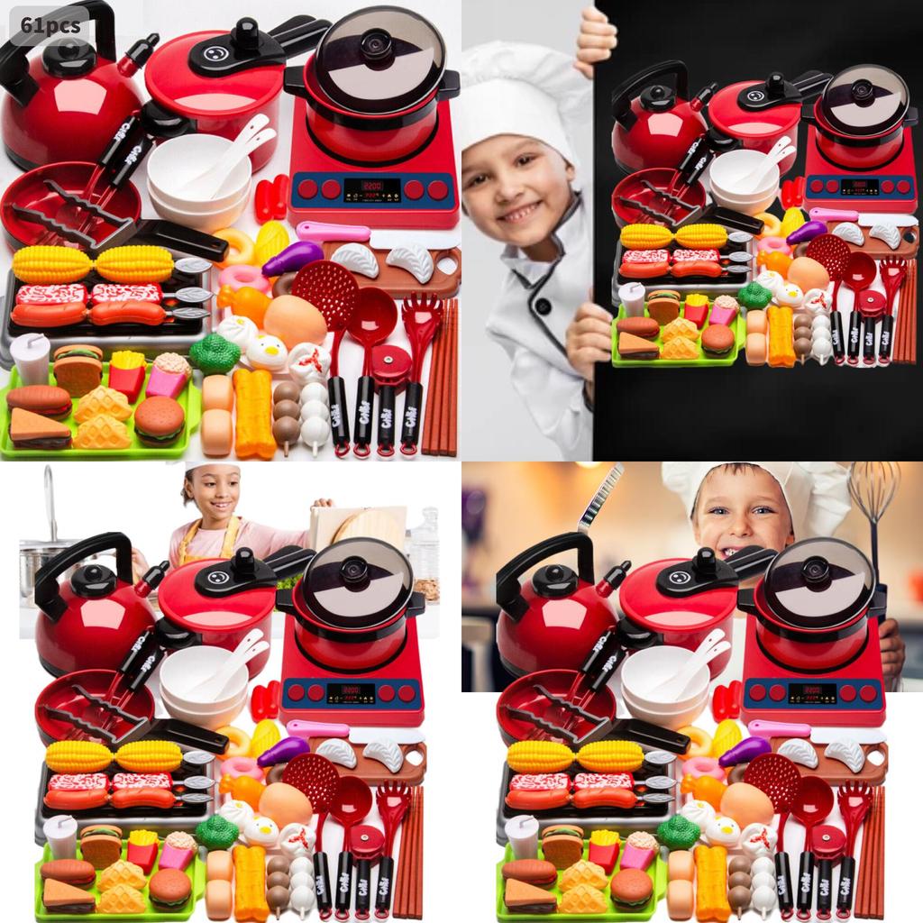 Childrens Kitchen Playset With Magnetic Induction Stove And 61 Durable Pieces