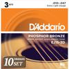 D'Addario Acoustic Guitar Strings Phosphor Bronze Extra Light .010-.047 EJ15-3D 3set Pack X 10 Sets