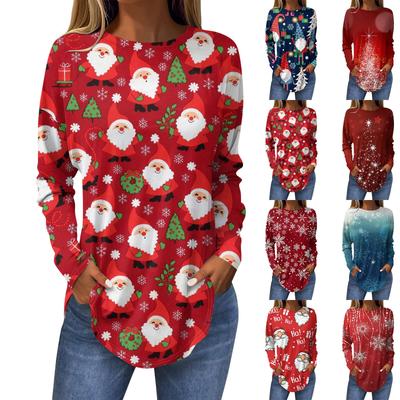 Футболки для женщин, осенние повседневные рубашки с длинными рукавами, толстовка с ретро-принтом, топ для рождественской вечеринки, пуловер