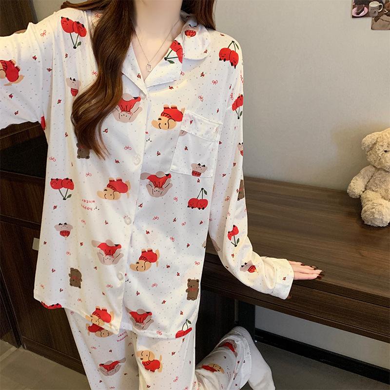 Women's Spring Pajamas Homewear Set for Girls Students Polka Dot Cute Cartoon Long-Sleeved Comfortable Pajamas Homewear Set