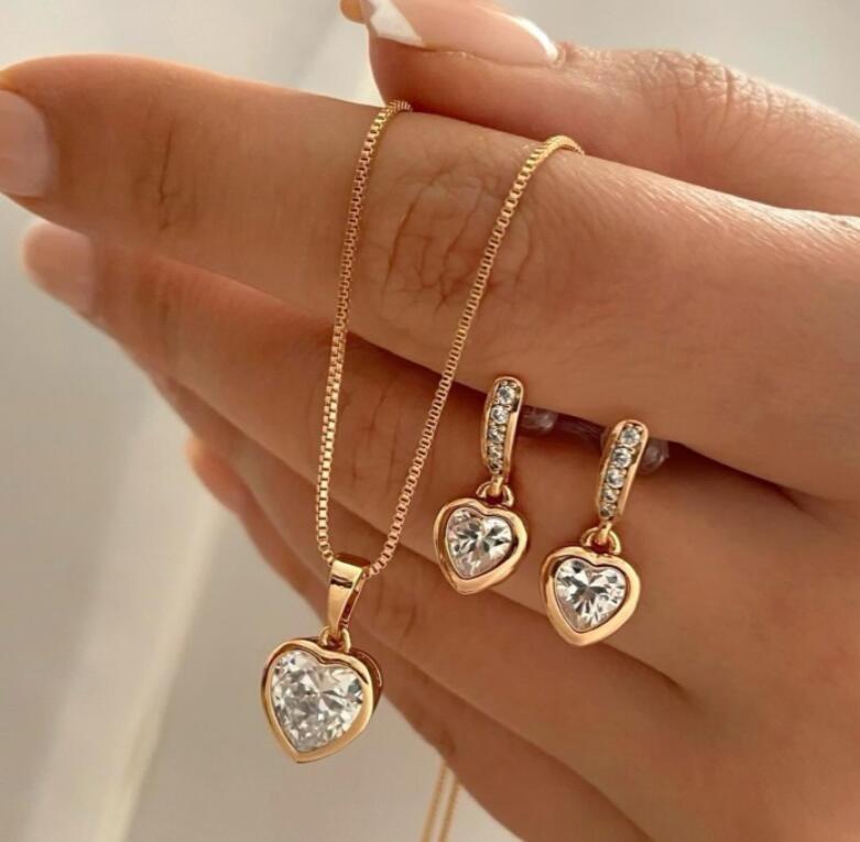 Simple Love Pendant Necklace Light Luxury Artificial Pearl Zircon Earrings Necklace Set for Women's Jewelry Accessories
