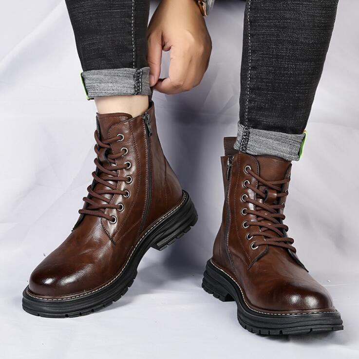 Новые мужские туфли из натуральной кожи, высокие трендовые рабочие туфли на толстой подошве, ретро-британские мужские мотоциклетные ботинки с флисом D434