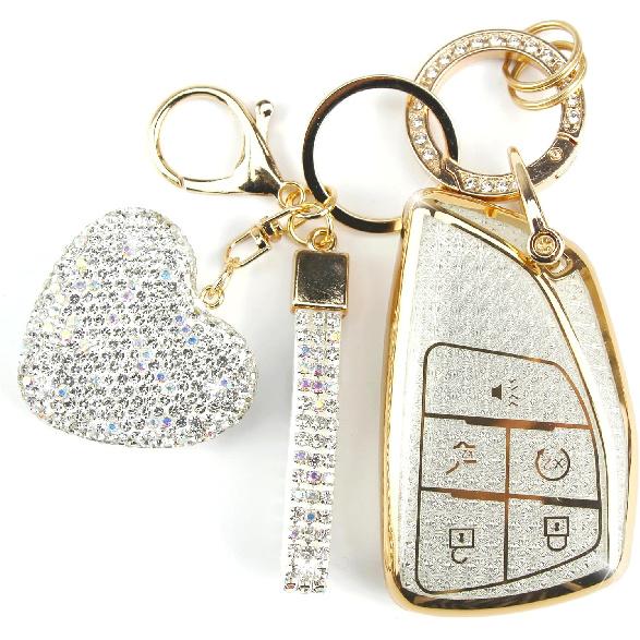 Key Fob Cover with Diamond Keychain Fit for Chevy Car Key Holder Case Compatible with Chevrolet -2024 Tahoe Suburban GMC Yukon Denali Silverado Smart