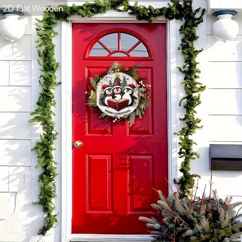 Christmas Decoration Sign,indoor Hanging decorations,2D Flat Wooden Products with The Pattern Is Three Penguins Wearing Christmas hats,Christmas Gift