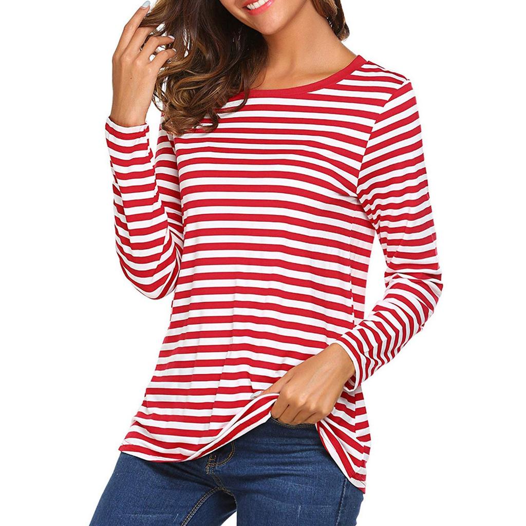 Women's Casual Long Sleeve Round Neck Striped Loose Fit T-Shirt