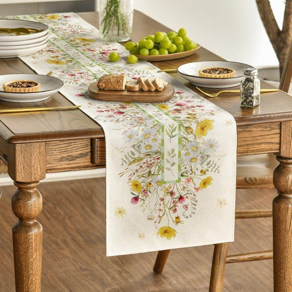 Flower Printed Blue Lemon Linen Table Runner Purple Hydrangea Tablecloth Valentine's Day