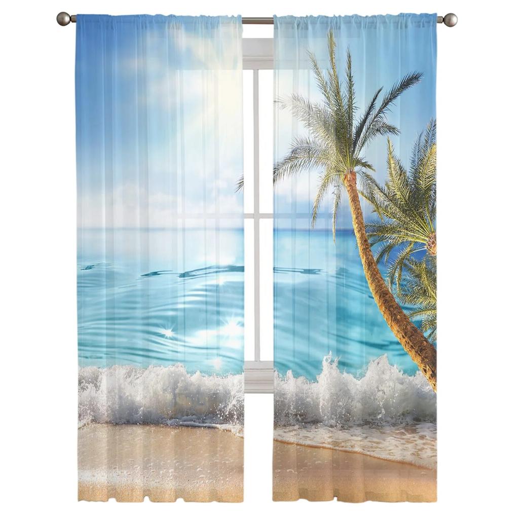 Прозрачные шторы для гостиной, пляжа, моря, кокосовой пальмы, детской спальни, балкона, большие шторы, занавески для кухни, столовой