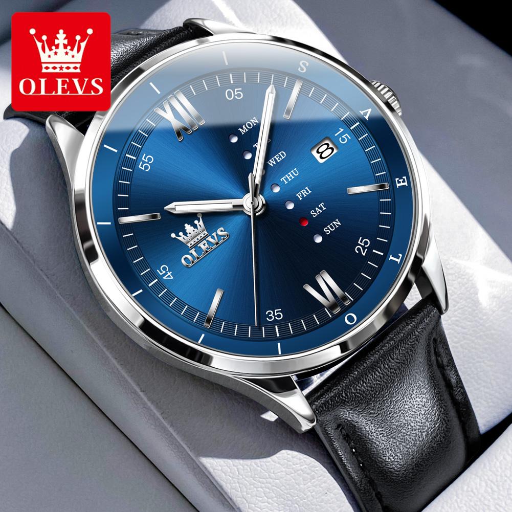 OLEVS Men's Watches Casual Fashion Leather Strap Waterproof Luminous Date Week Original Brand Quartz Wristwatch for Man Trend