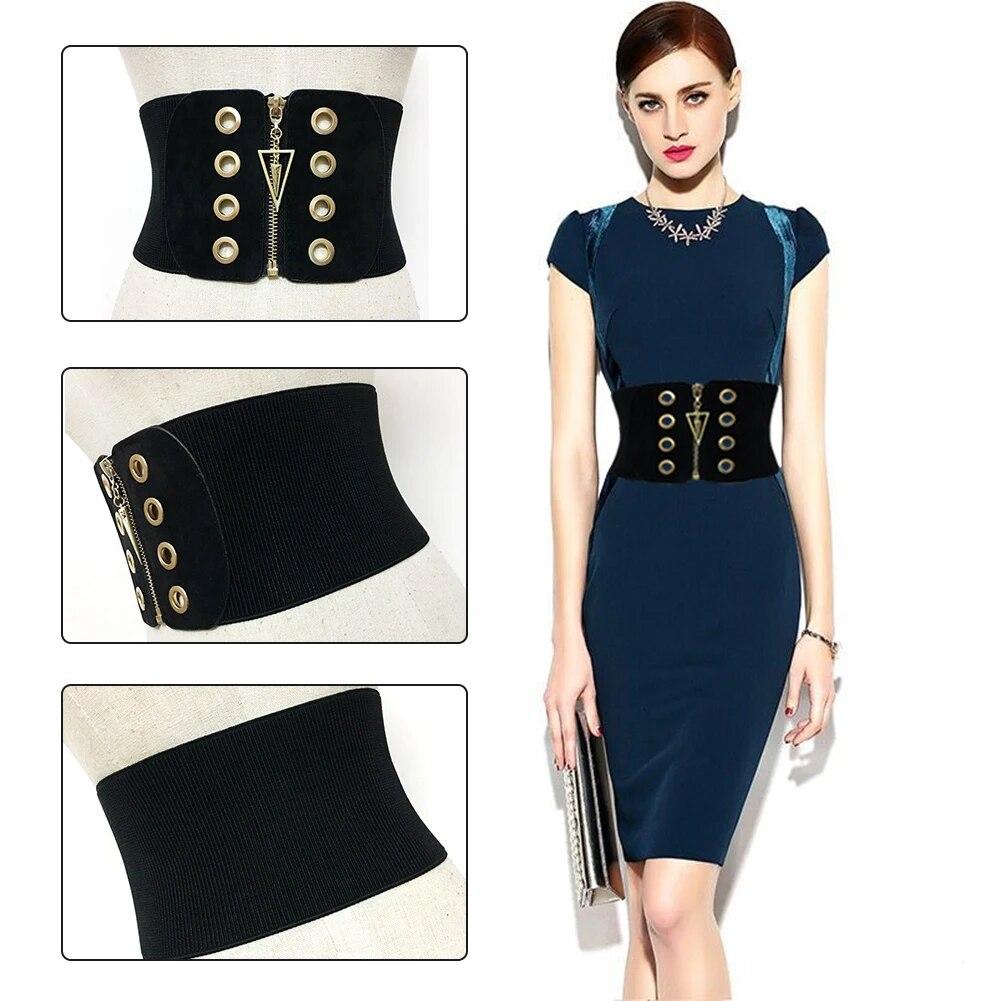 Women Corset Belt Tummy Zipper Closure Elastic Fashion Slimming Daily Body Shaping Breathable Ultra Wide Soft Black High Waist