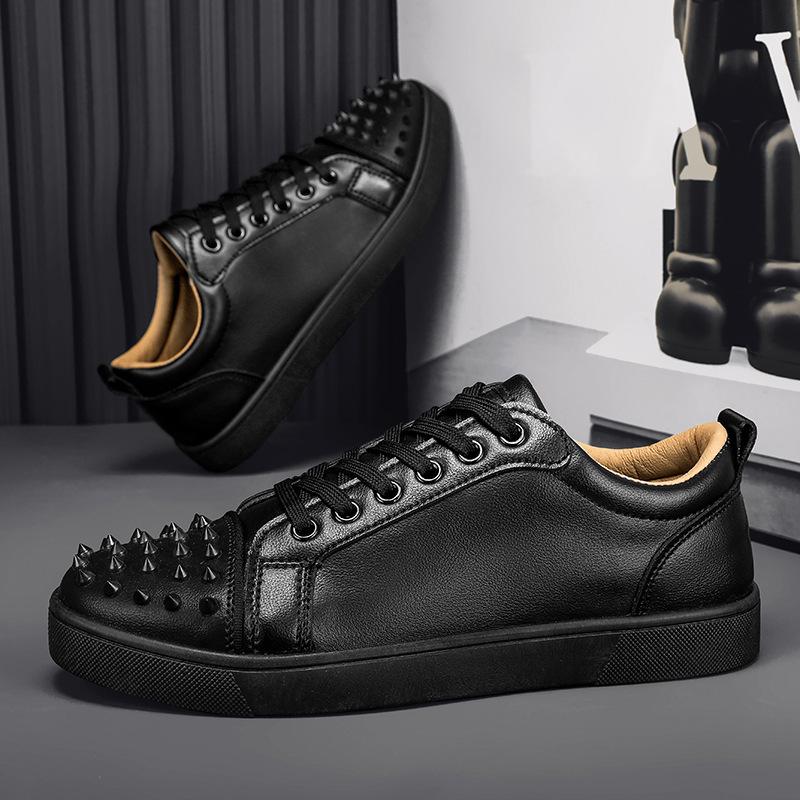 Men's Red Bottom Rivet Casual White Sneakers - Trendy Microfiber Leather Shoes