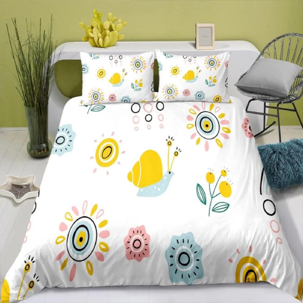 Colourful Snail Duvet Cover Set Cute Kawaii Animal Polyester Comforter Cover King Queen Size For Kids Boys Girls Bedding Set