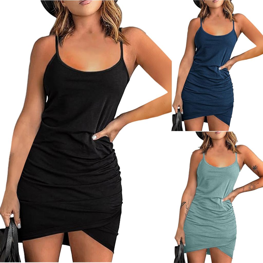 Women's Dress Sleeveless Low Neck Slim Temperament Sexy Solid Color Pleated Dresses