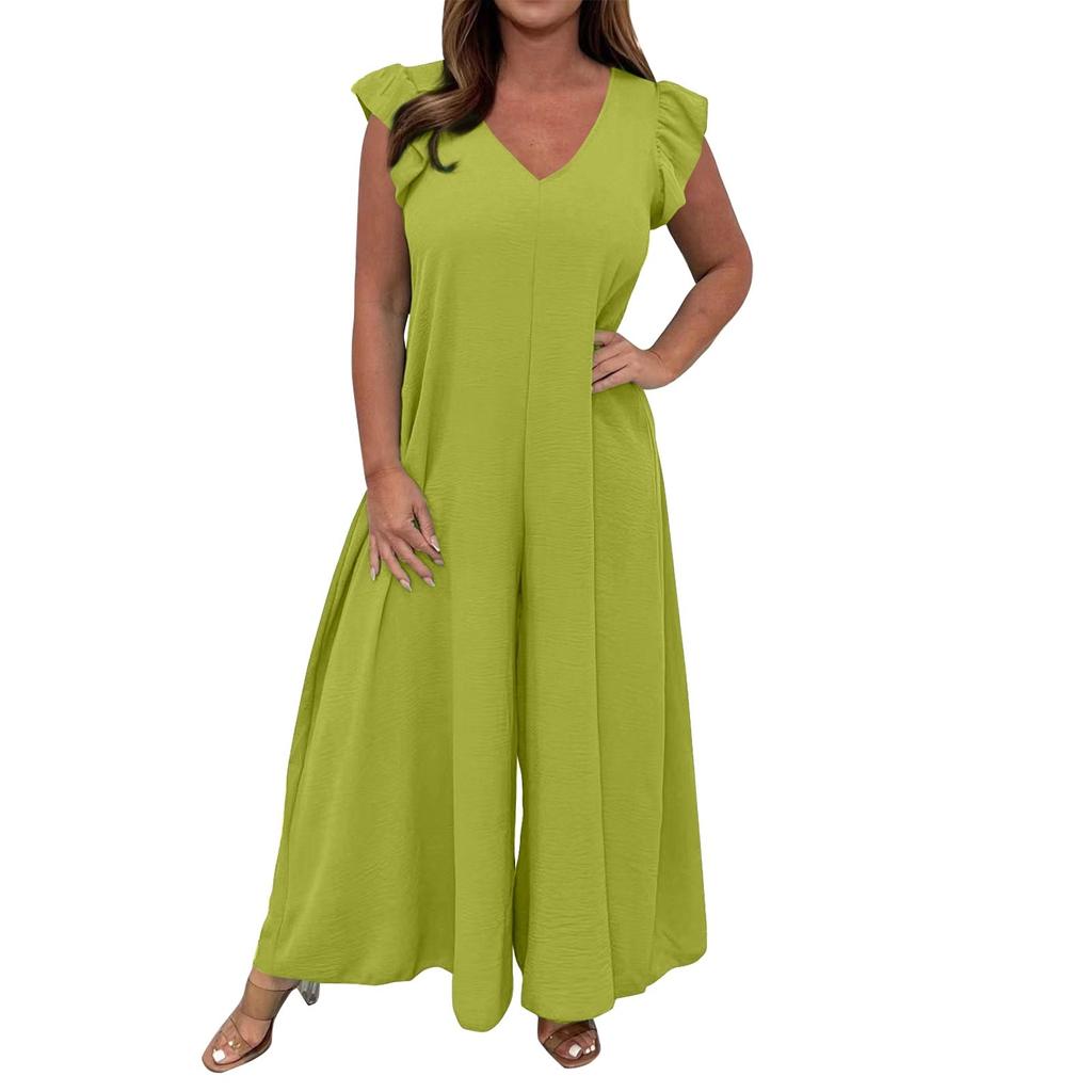 Women's Casual Solid Color Back Tie Ruffled Wide Leg Long Pants Jumpsuit