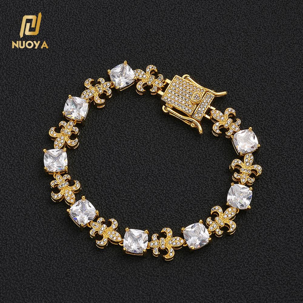 NUOYA New Arrival Square Cut Fleur De Lis Cuban Link Chain Bracelet 18K Gold Plated Hip Hop Statement Jewelry for Men and Women