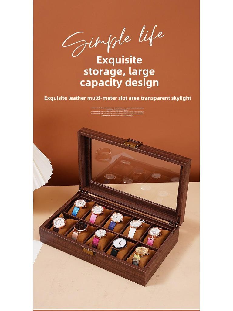 Exquisite Vintage Wood Grain Leather Watch Box with Dustproof Glass Lid for Wristwatch Display and Storage.
