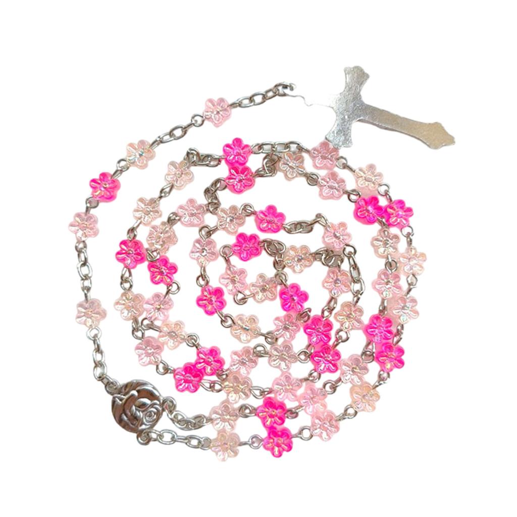 Catholic Flower Beads Rosary Necklace Crosses Religious Chain Church Prayer Pendants Jewelry for Womens Baptisms Gift