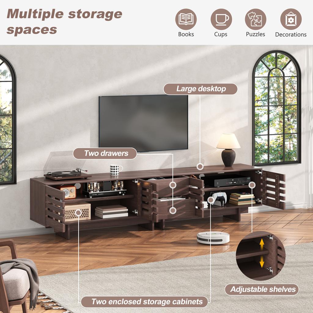 TV Cabinet Modern, Lowboard for TVs up to 80 Inches, 4 Hinged Doors, 2 Drawers, 6 Compartments, Living Room Bedroom, Walnut Color, 200x39.5x55cm