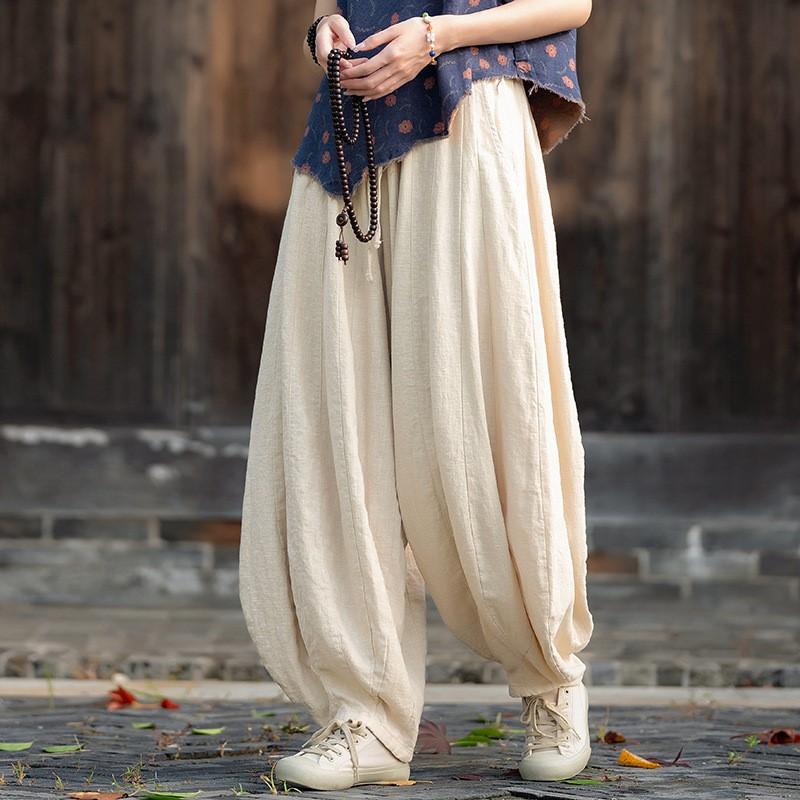 Johnature Женские винтажные высококачественные шаровары, однотонные свободные осенние брюки с эластичной резинкой на талии