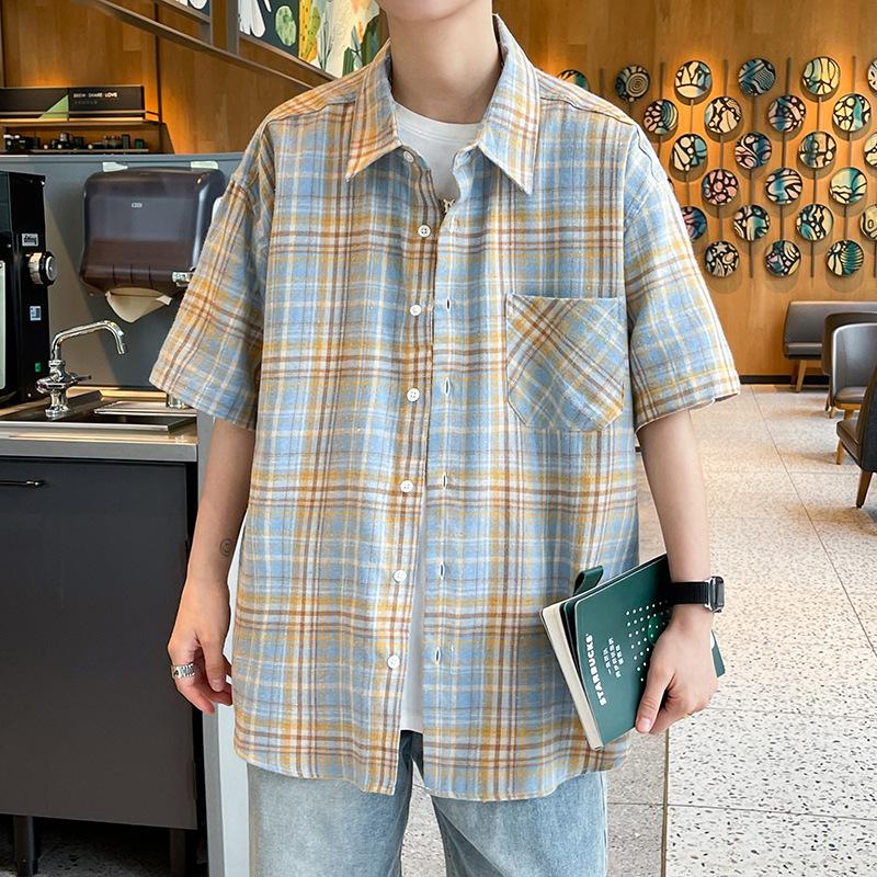 Vintage Check Pattern Shirt Men's Summer Short Plaid Shirt Boys Loose Large Size Trendy Brand Ruffian Handsome Youth Casual