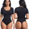 Womens Thong Bodysuit Shapewear for Tummy Control Body Shaper Seamless Short Sleeve Tank Tops Scoop Neck Going Out Leotards Shirts