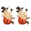 Resin Spooky Home Decor Cute Ghost Figurine, Sitting on Pumpkin Statue with Witch Halloween Table Hat, Tabletop Ornament for Party Funny Shelf Doll
