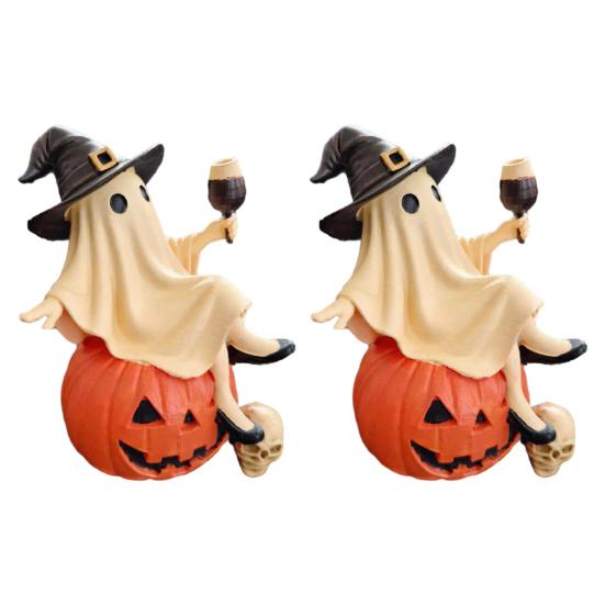 Resin Spooky Home Decor Cute Ghost Figurine, Sitting on Pumpkin Statue with Witch Halloween Table Hat, Tabletop Ornament for Party Funny Shelf Doll